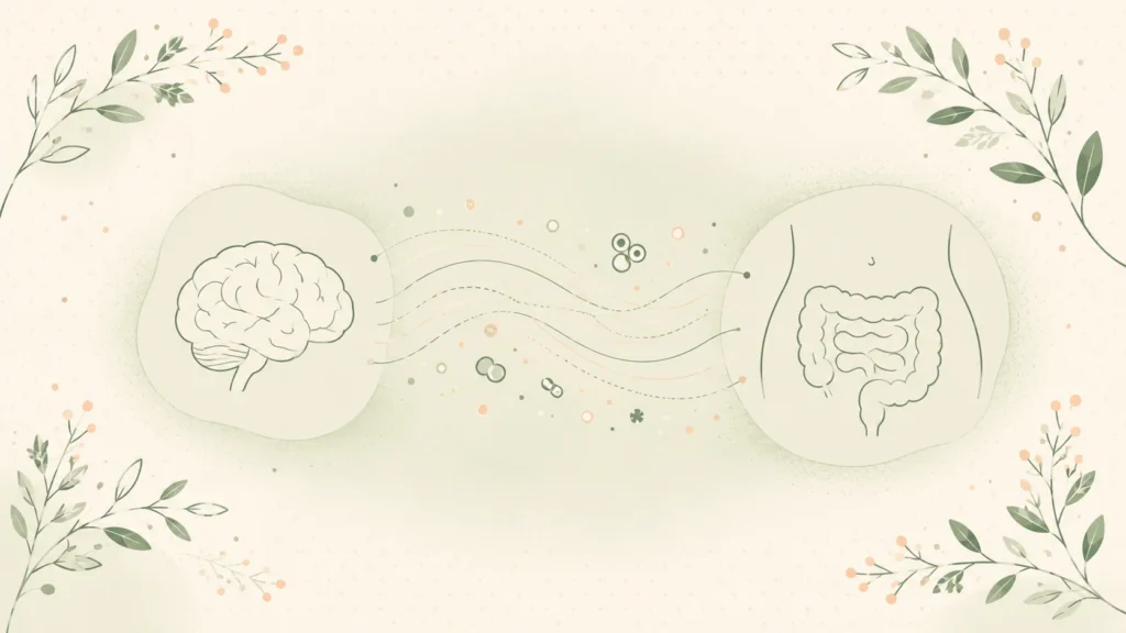 Ilustração abstrata do eixo intestino-cérebro com representações do cérebro, intestino e microbiota