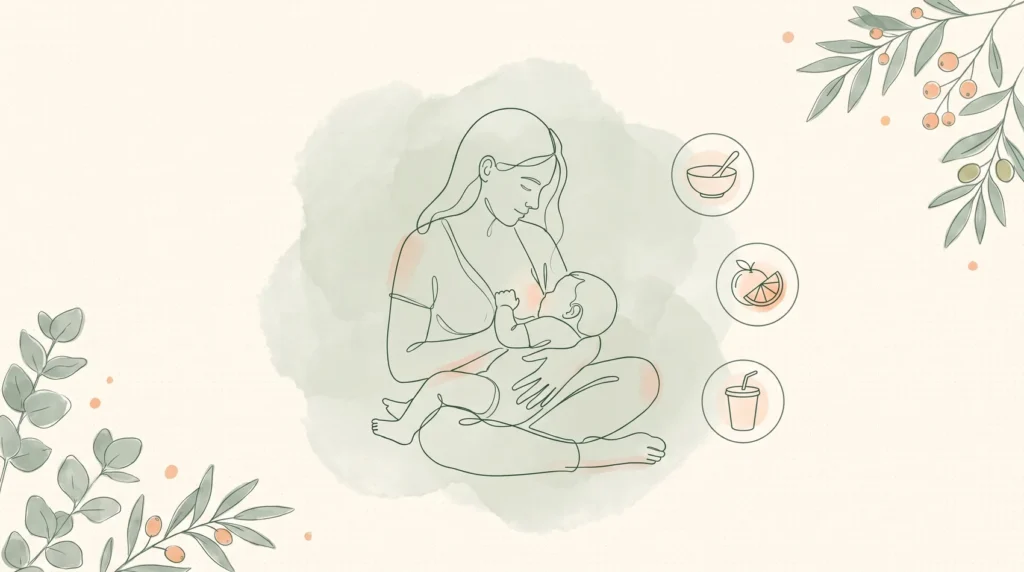Ilustração de mãe amamentando bebê maior de 6 meses ao lado de alimentos complementares, mostrando que o leite materno segue como principal alimento