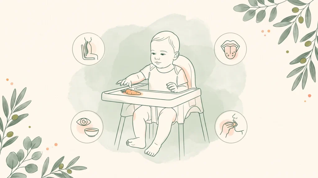 Ilustração de bebê sentado com apoio diante de alimentos, representando os sinais de prontidão para a introdução alimentar aos 6 meses