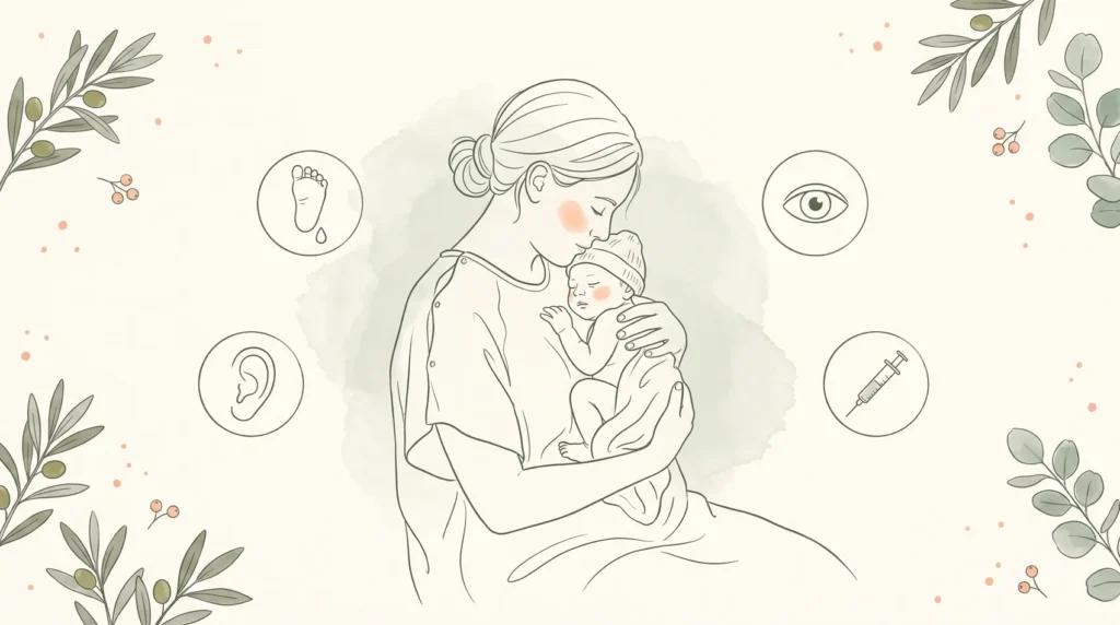 Ilustração de mãe segurando o recém-nascido junto ao peito na maternidade, ao lado de ícones do teste do pezinho, da orelhinha, do olhinho e da vacina, representando as primeiras 48 horas de vida