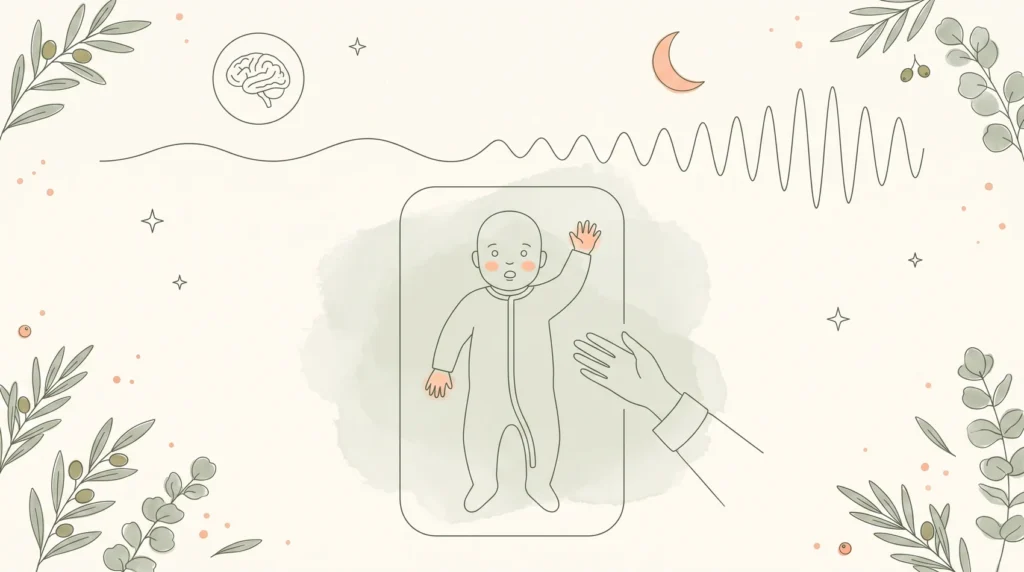 Ilustração de bebê de 4 meses acordado de barriga para cima chamando o adulto, com a linha do ciclo de sono passando de ondas suaves a ondas marcadas, representando a maturação do sono
