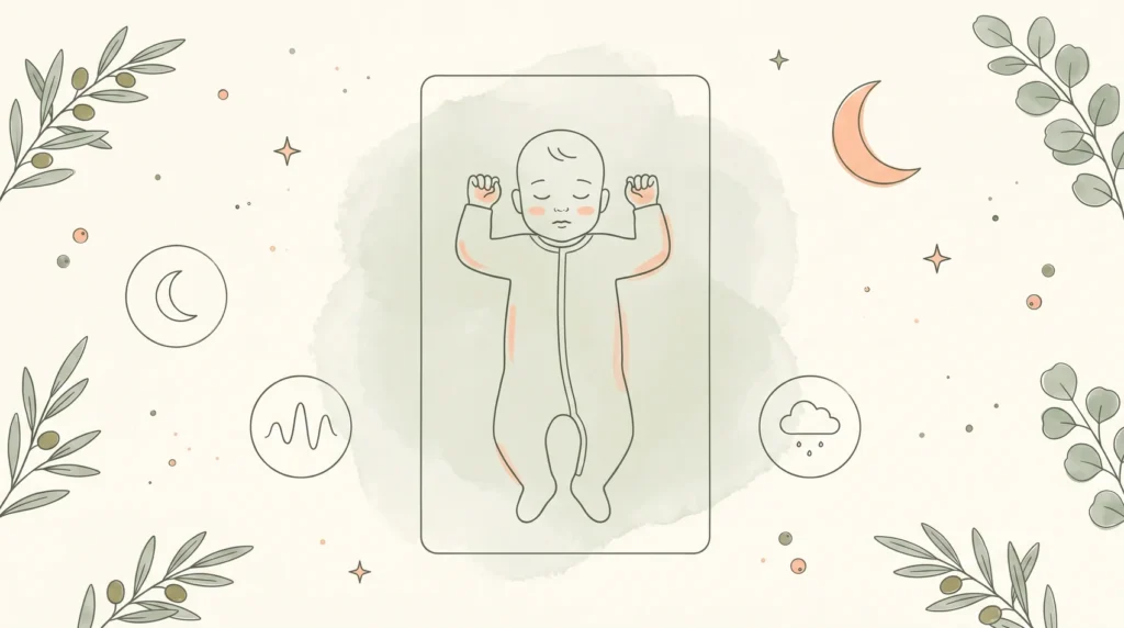Ilustração de bebê dormindo de barriga para cima em colchão firme e sem itens soltos, ao lado de ícones de lua, ciclo de sono e noite, representando como funciona o sono do bebê